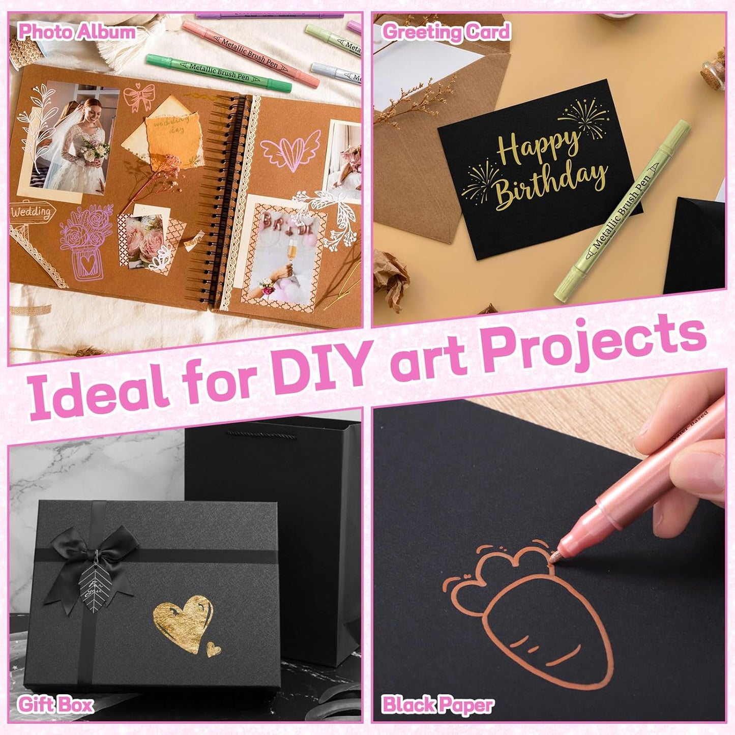 12 Pack Metallic Markers, Dual Tip Glitter Pens for Black Paper & Rock Painting Metallic Acrylic Paint Markers for DIY Crafts, Scrapbooking, Glass, Wood, Cards Alcohol Based Quick Dry Ink