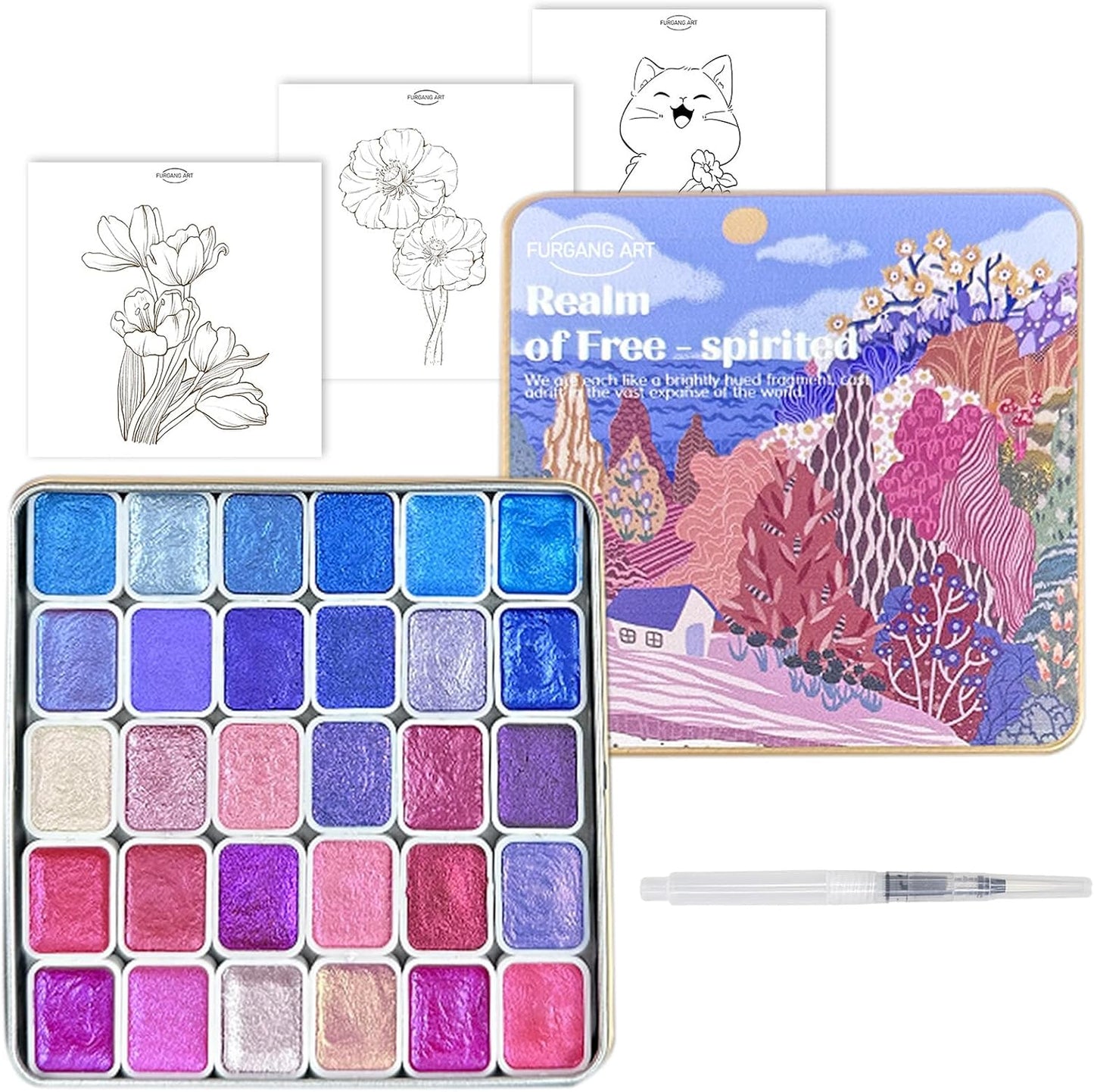 Mini Shifting Watercolor Paint Set, 30 Color Glitter Watercolor Painting Kit, Metallic Watercolor Paints, Solid Water Colors Paint Adult Set, Detail Paint Brush Included, for Artists