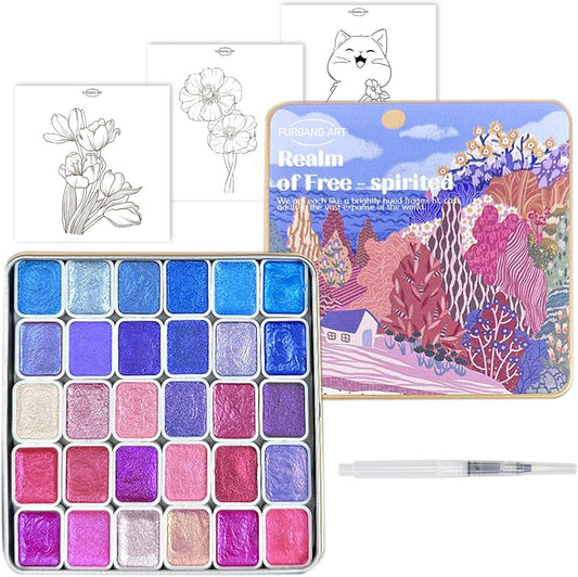 Mini Shifting Watercolor Paint Set, 30 Color Glitter Watercolor Painting Kit, Metallic Watercolor Paints, Solid Water Colors Paint Adult Set, Detail Paint Brush Included, for Artists