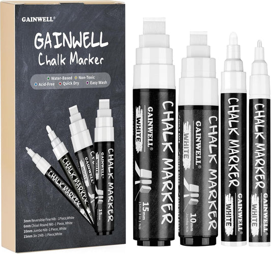 GAINWELL White Liquid Chalk Markers Erasable 4-Pack, Reversible Tip (3mm/6mm/10mm/15mm), Erasable Chalk Pens for Blackboard, Window, Glass, Chalkboard, Bistro, Loved by Teachers, Artists, Businesses
