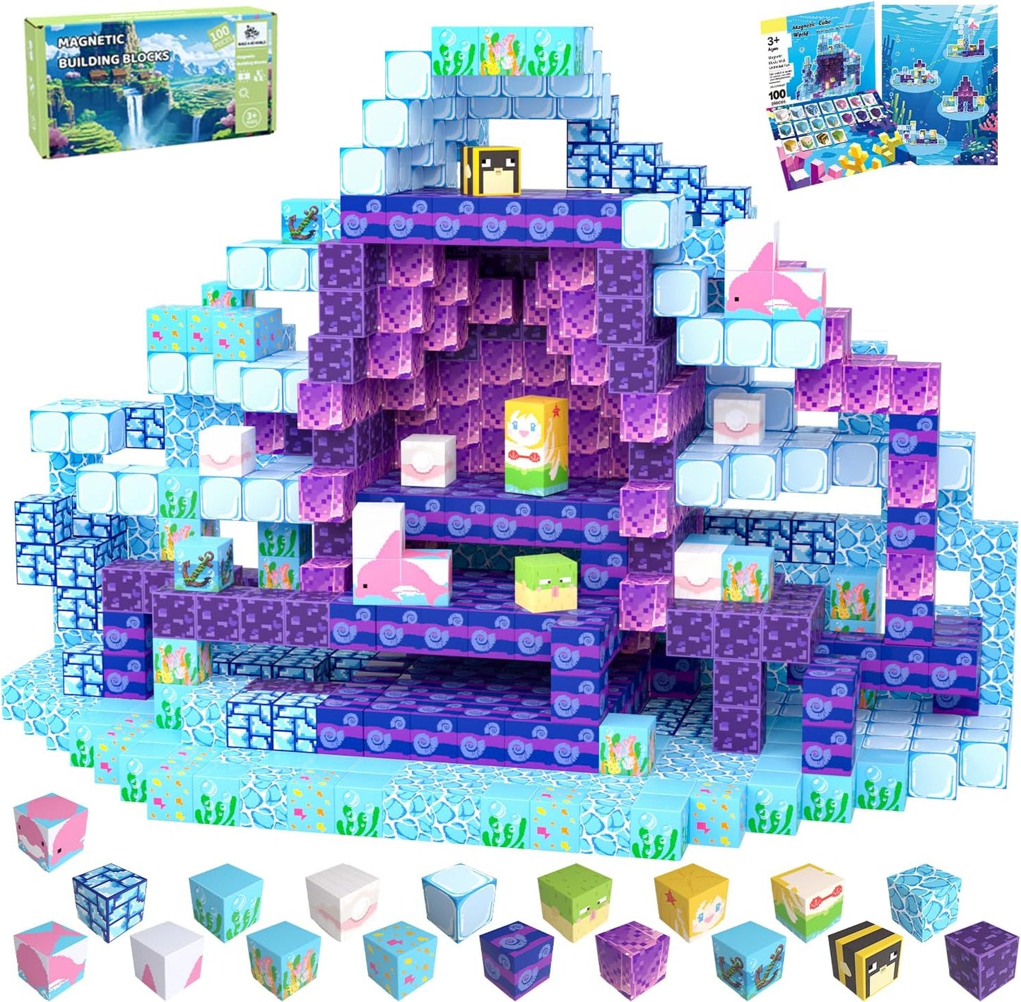 Magnetic Blocks, 100PCS Magnetic Building Blocks, Stacking Magnets for Kids, Sensory Toy for STEM Constructions Magnet Blocks for Boys Girls Age 3+, Christmas Birthday Gifts (Ocean World)