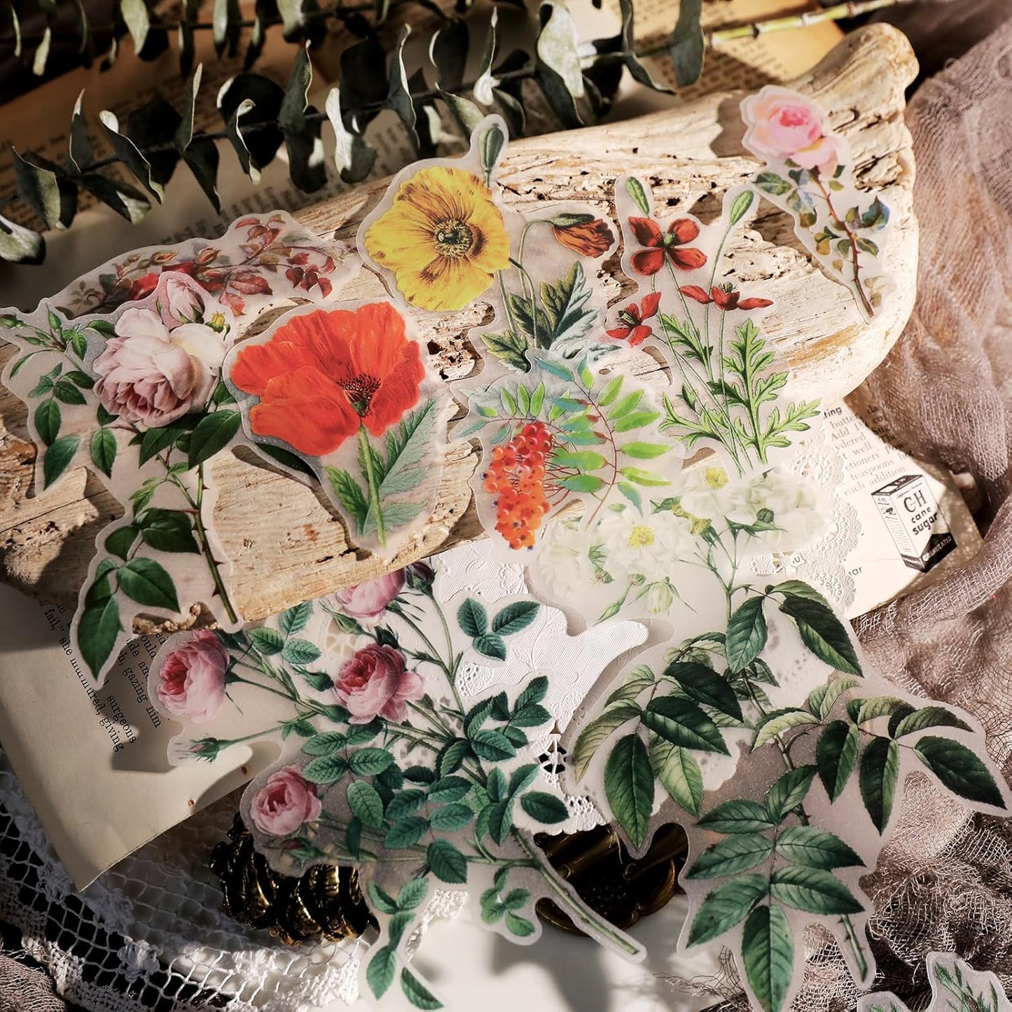 Vintage Vellum Stickers Floral Plants Elements Scrapbooking Supplies Flowers Botanic Natural Translucent Paper Self-Adhesive Junk-Journal Items (Floral)
