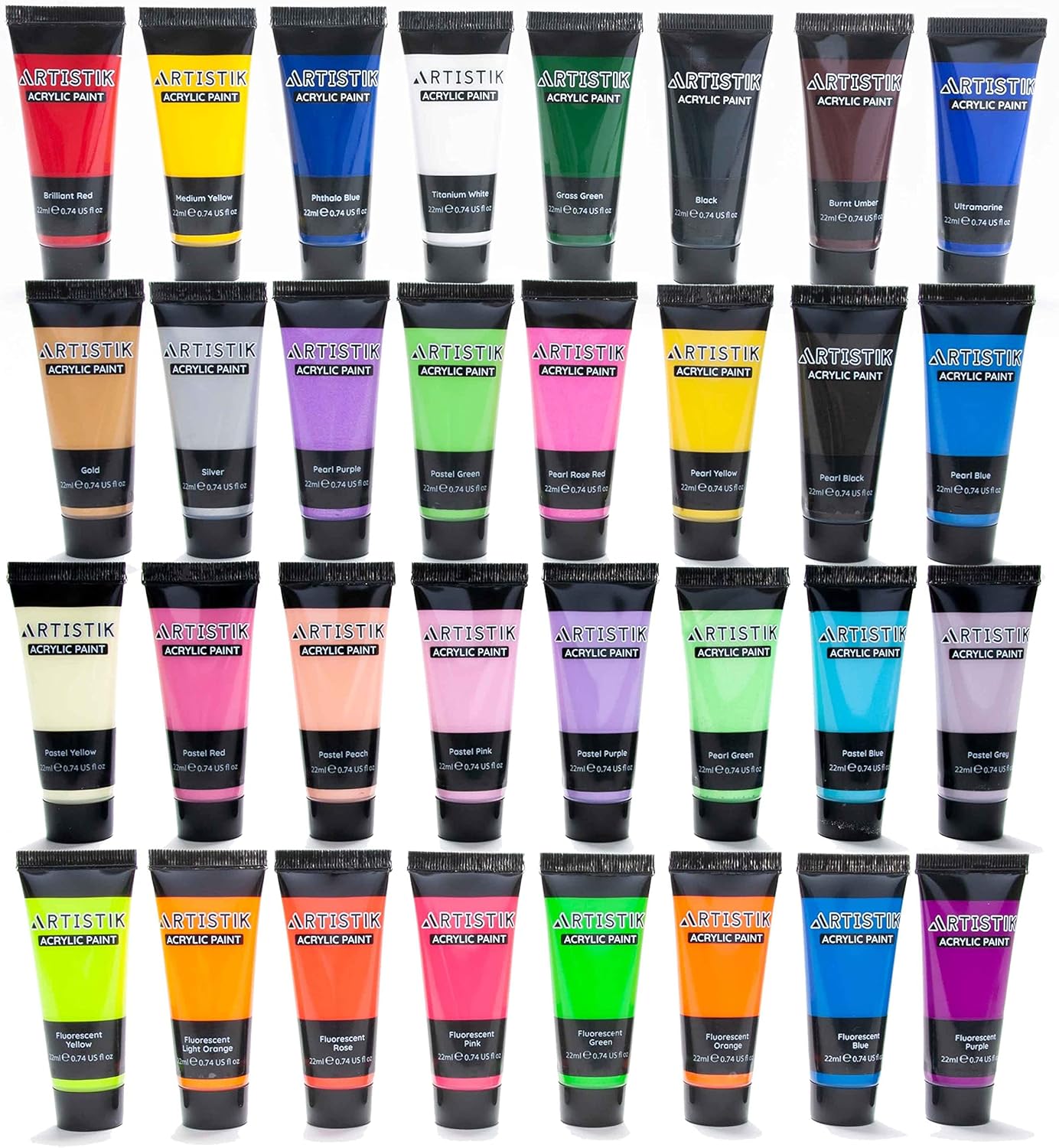 ARTISTIK Acrylic Paint Tube Set of 32-22ml Paint Tubes with 3 Brushes for Adults, Kids and Artists - Non-Toxic Artist Quality Paints for Canvas Painting, Wood Crafts, Ceramic and Art Supplies