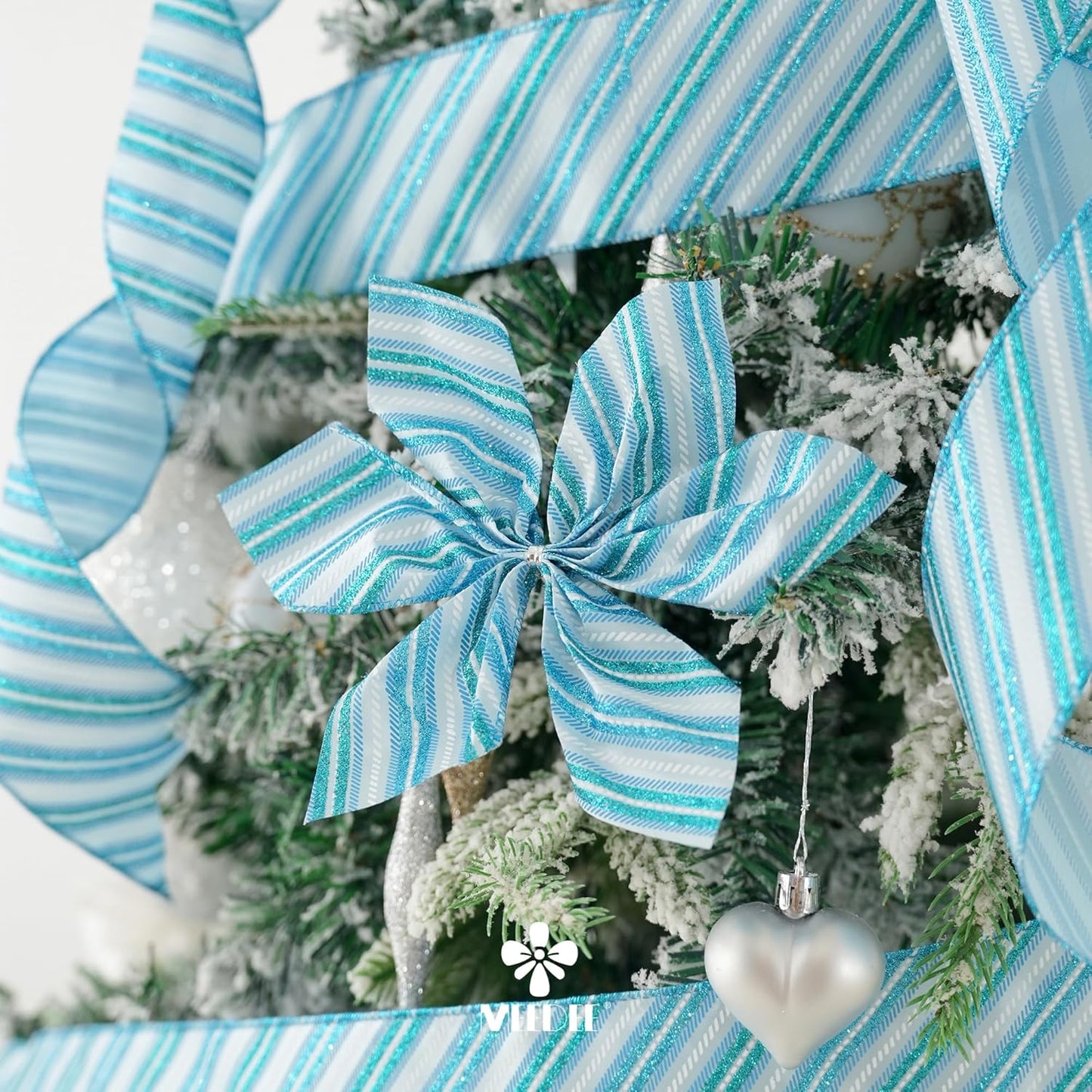 MEEDEE Blue Diagonal Stripe Ribbon 2.5 Inch Blue Satin with Turquoise and Teal Glitter Wired Ribbon for Wreath Bow, Topper Bow, Tree, Garlands (10 Yards)