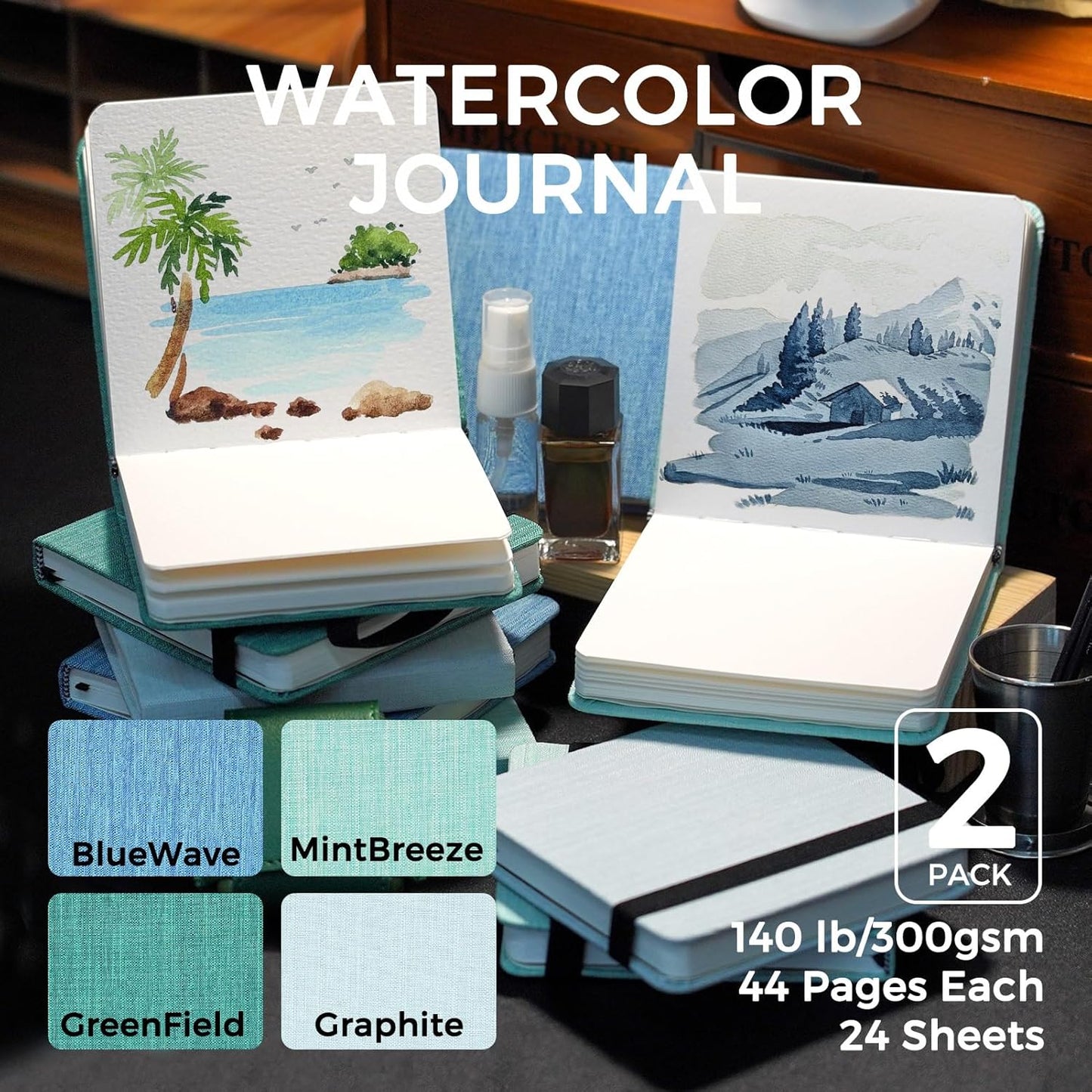Funto Watercolor Journal, 4.7x4.7, 2 Pack, 24 Sheets Each, 100% Cotton Cold Press, 300gsm/140lb, Art Supplies for Mixed Media