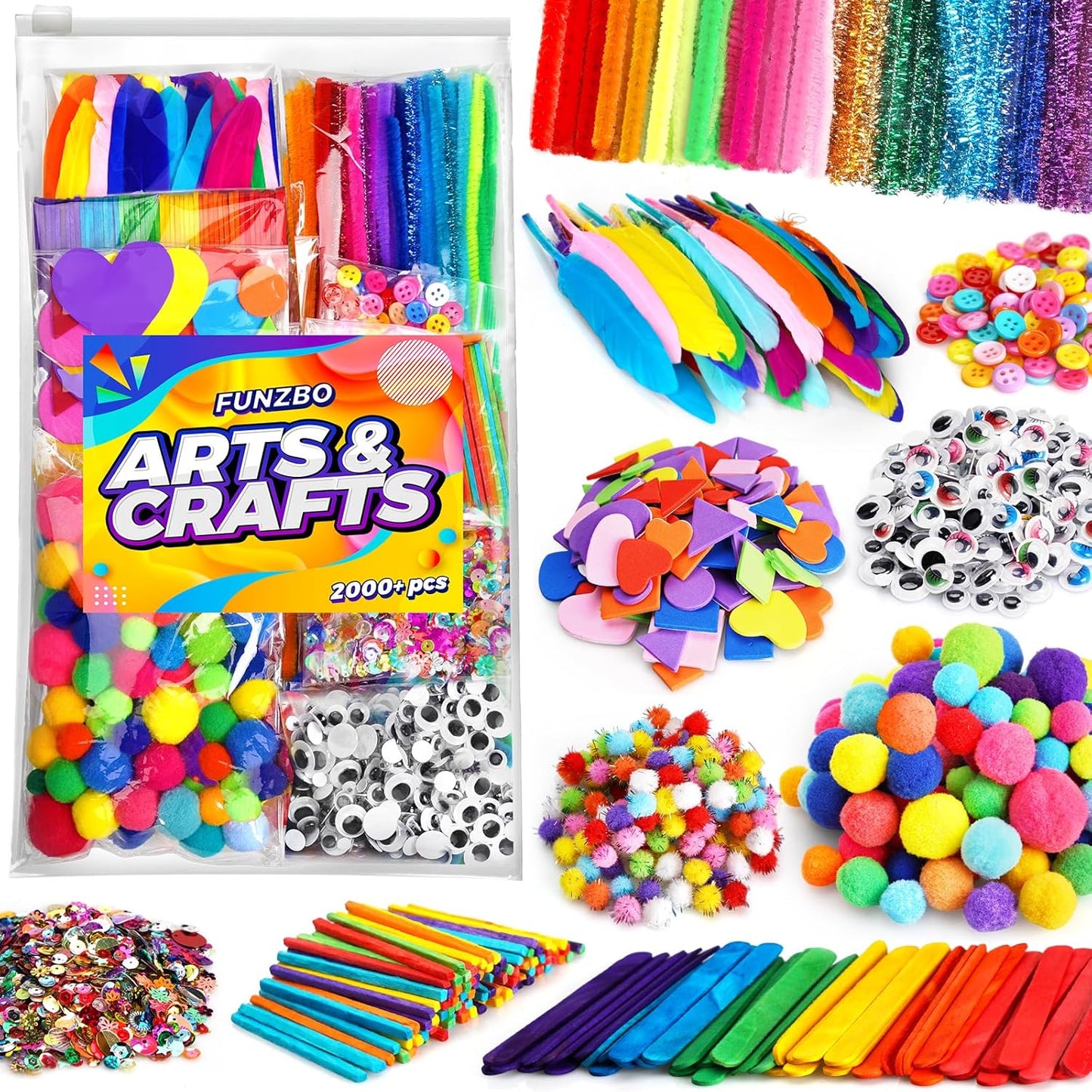 FUNZBO 2000Pcs+ Arts & Crafts Supplies Kits for Kids, DIY Craft Supplies for Toddlers Art Supply Tools Set Include Pipe Cleaners,Pom Poms and Feather, Crafts Birthday Gifts for Kid Girls Ages 4-8-12