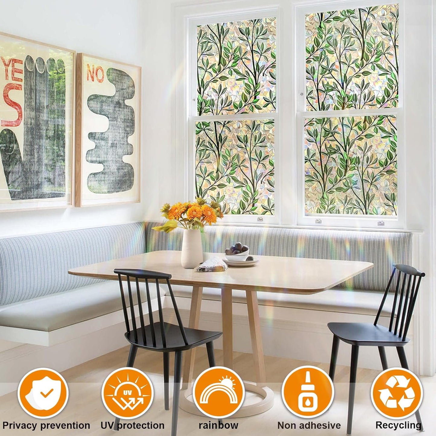 Window Privacy Film Stain Glass Window Film Rainbow Window Film Window clings Non-Adhesive Reusable Decorative for Room (Leaf Rainbow, 23.6 x 78.7 in)