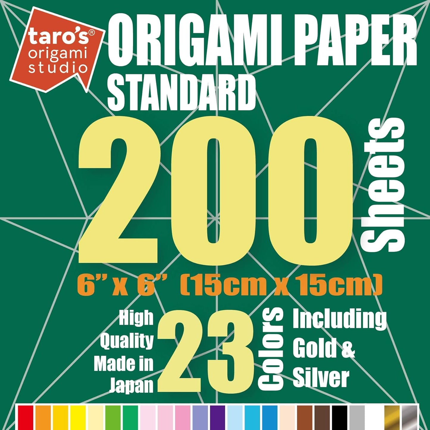 [Taro's Origami Studio] Standard 6 Inch One Sided 23 Colors 200 Sheets Square Easy Fold Premium Japanese Paper for Beginner (Gold and Silver Included)