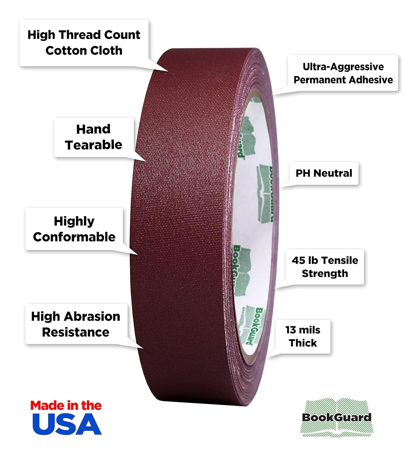 BookGuard 1 Inch Premium Bookbinding Repair Cloth Tape, 15 Yard Roll, Burgundy