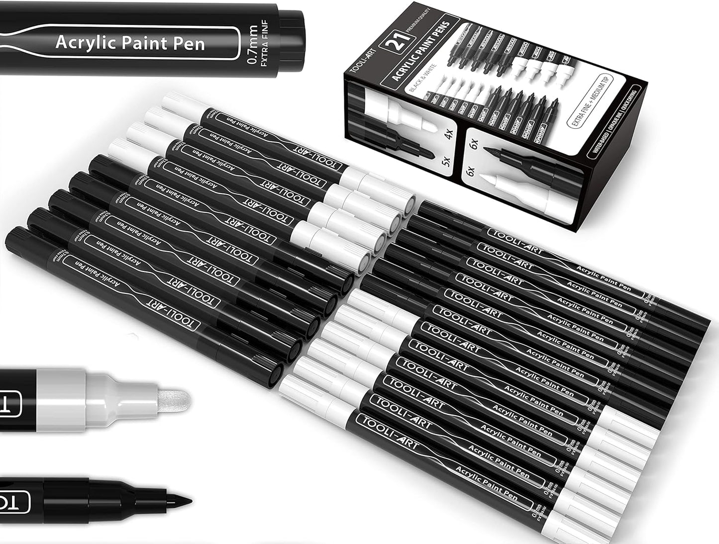 TOOLI-ART Black And White Acrylic Paint Markers Paint Pens Set For Rock Painting, Canvas, Mugs, Metal, Glass Paint, Fabric, Wood, DIY. Non Toxic, Quick Dry,Waterbas (EXTRA FINE & MEDIUM)