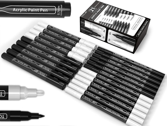 TOOLI-ART Black And White Acrylic Paint Markers Paint Pens Set For Rock Painting, Canvas, Mugs, Metal, Glass Paint, Fabric, Wood, DIY. Non Toxic, Quick Dry,Waterbas (EXTRA FINE & MEDIUM)
