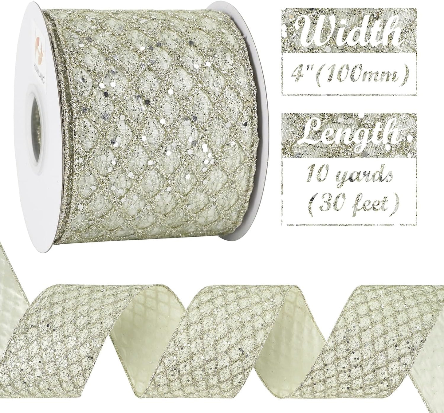 HUIHUANG Champagne Wired Ribbon 4 inch Glitter Christmas Tree Ribbon Diamond Mesh Wire Ribbon for X-mas Tree Decorations, Wreaths, Garland, Large Bows Making, Wedding Decor -10 Yards