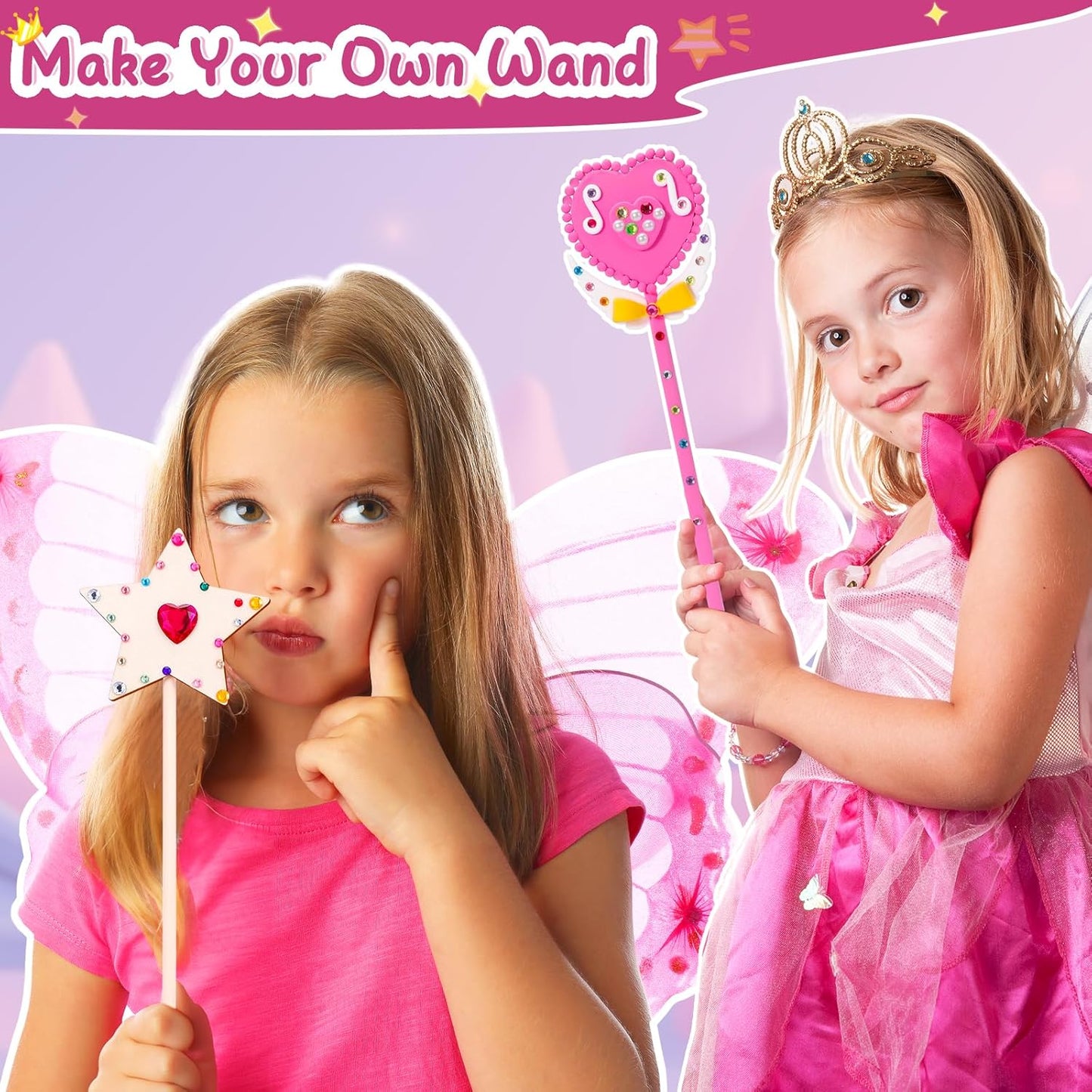 Make Your Own Princess Magic Wand Kit - DIY Fairy Craft Set for Kids Girls - Birthday Party Gift, 39 PCS to Create 14 Wands