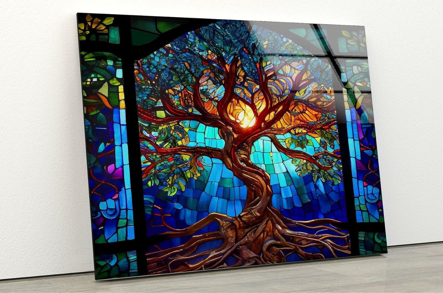 My Photostation.com 30Wx24H'' Stained Blue Life of Tree Glass Wall ArtTempered Glass Printing Wall Decor Large Wall Art Wall Hangings