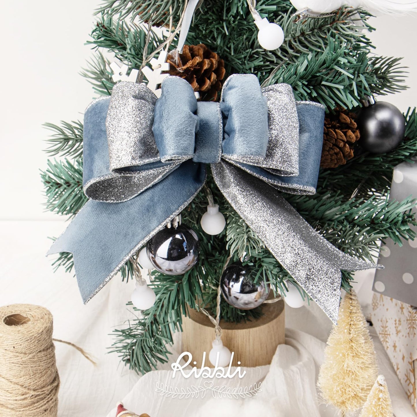 Ribbli Dusty Blue Velvet Wired Ribbon 2.5 Inch Dusty Blue Velvet with Silver Glitter Christmas Ribbon for Christmas Tree Decoration Big Bow Gift Wrapping Crafts Wreaths Supplies- 10 Yards