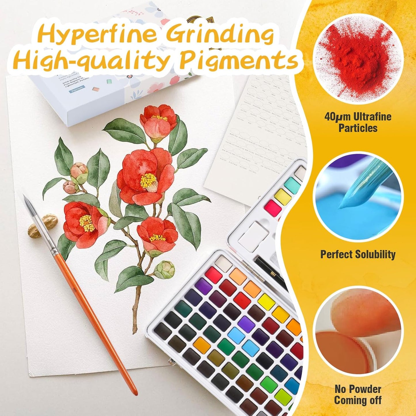 Caliart Watercolor Paint Set, 48 Colors with 3 Brushes, Mini Travel Watercolors Painting Kit Gifts for Adults Artists Painters Beginners Art Supplies