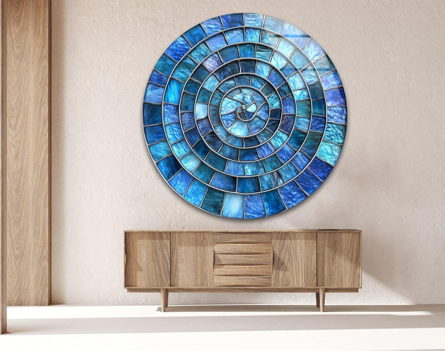 My Photostation.com 10''(25cm) Diameter Blue Aqua Spiral Harmony Round Glass Wall Art Tempered Glass Printing Wall Decor Large Wall Art Wall Hangings