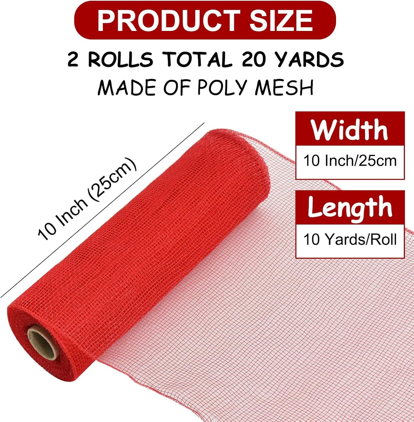TONIFUL 2 Rolls 10 Inch Red Decorative Mesh Ribbbon Rolls, Fabric Mesh for Mesh Wreath Supplies, Front Door Wreath Crafts Tree Decor Christmas NewYears Halloween Decoration (10 yds/roll)