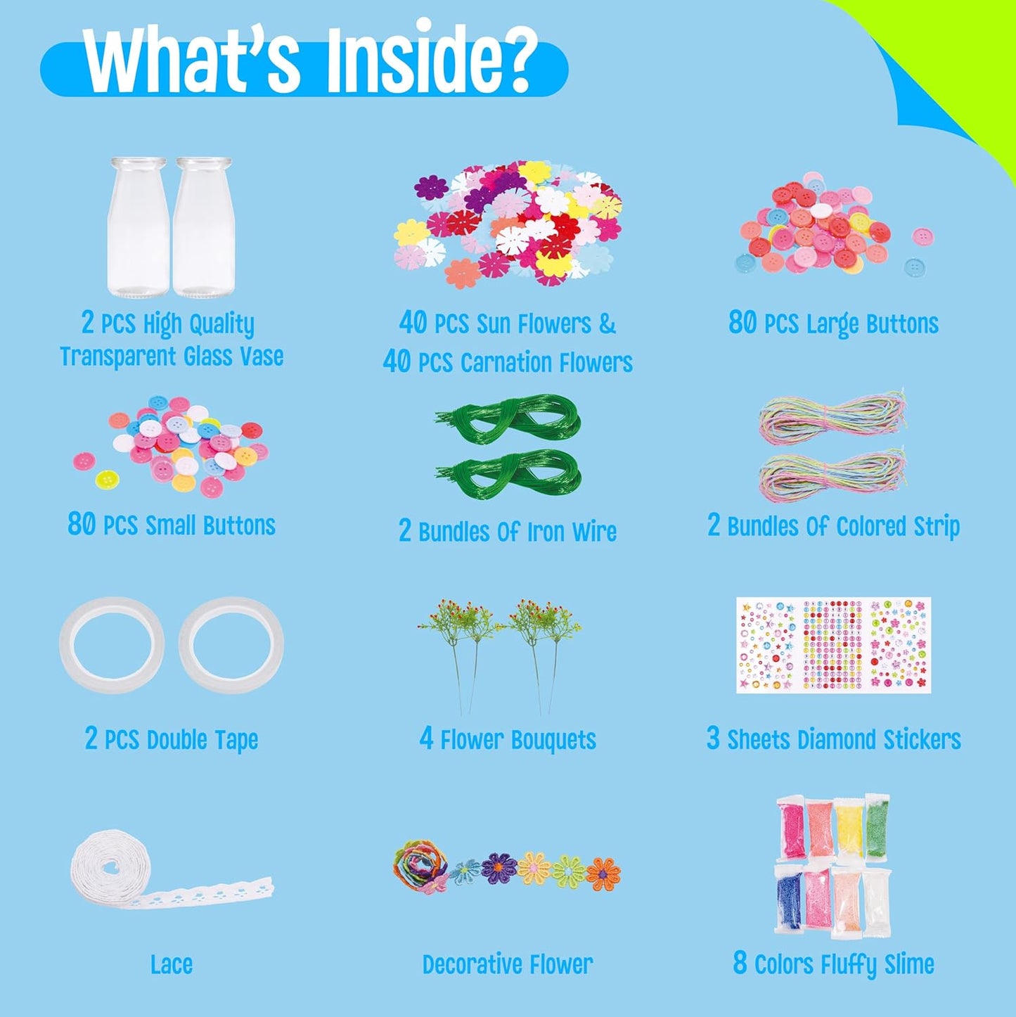 SpriteGru Flower Craft Kit for Kids, Make Your Own Flower Bouquet with Buttons and Colorful Petals, Art Vase and Craft DIY Activity Gift for Boys & Girls Age 4 5 6 7 8 9 10 Year Old (2 Glass Vase)