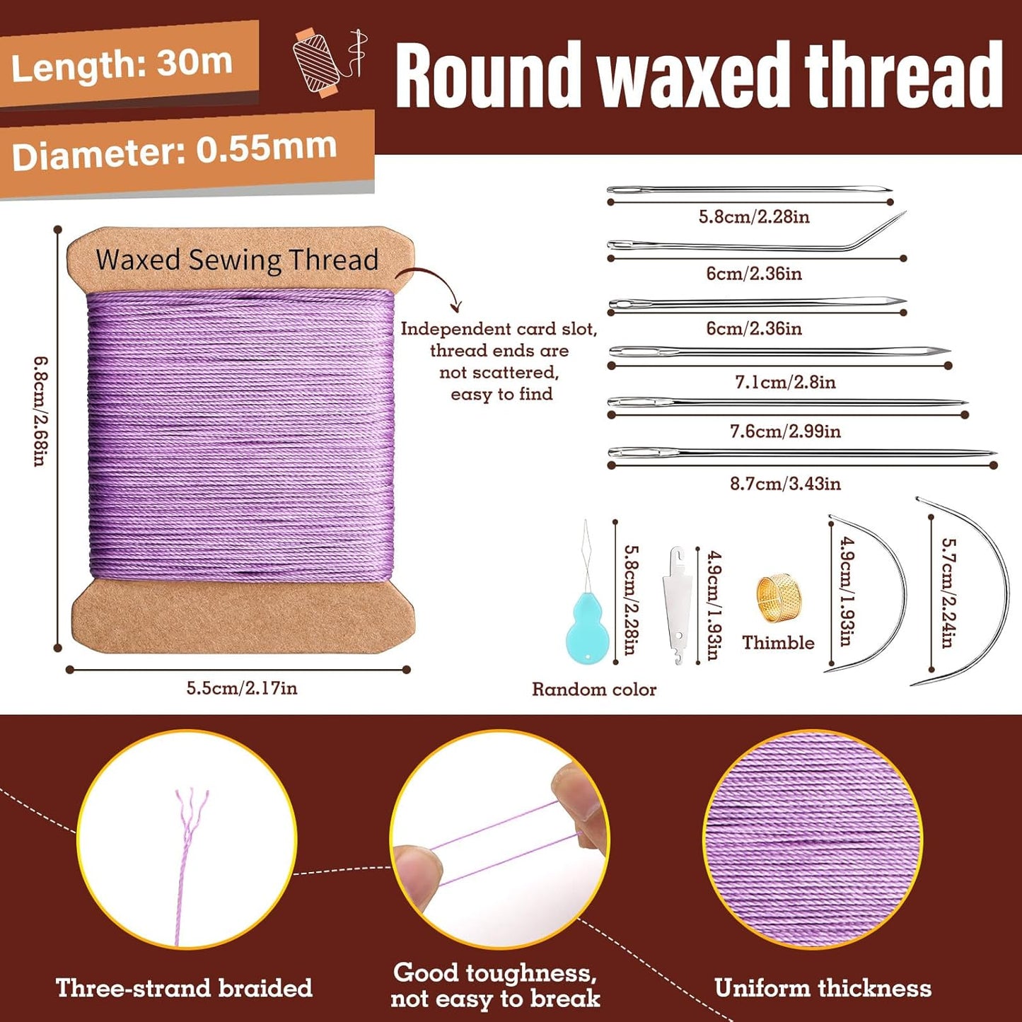 Upholstery Repair Kit, Upholstery Needle with 32 Yard Waxed Thread and 8 Pcs Heavy Duty Leather Needles for Hand Stitching, Canvas & Quilting - 0.55mm Round Waxed Thread Purple