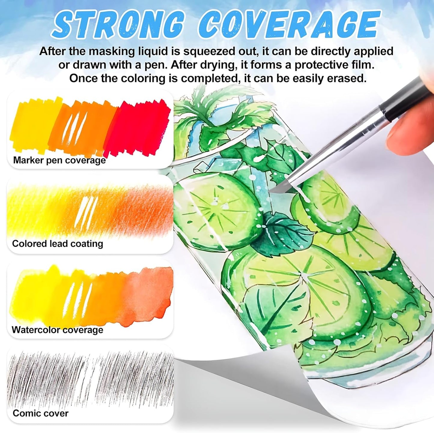 JAOJAO Watercolor Masking Fluid, Liquid Masking for Painting Watercolor Accessories with Silicone Pen Cleaning Brush Retouching and Covering for Painting and Various Art Projects Supplies,White 30ml