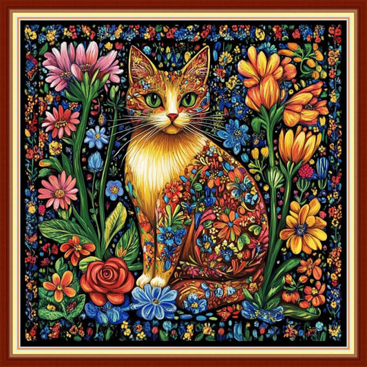 Magxvouy Cross Stitch Kits Stamped Full Range of Embroidery Kits,Cross Stitch Patterns Needlework Kits for Beginners 11CT Printed Kits&Colorful Flower Cat 18x18 inch