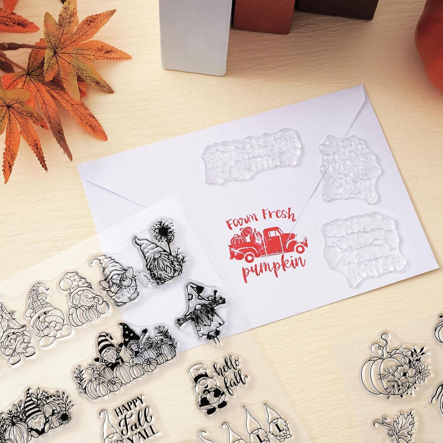 Whaline 5 Sheet Fall Thanksgiving Clear Stamps Autumn Leaves Pumpkin Gnome Silicone Transparent Stamps Happy Fall Border Stamp Cards for DIY Craft Card Making Scrapbooking Embossing Album Decor