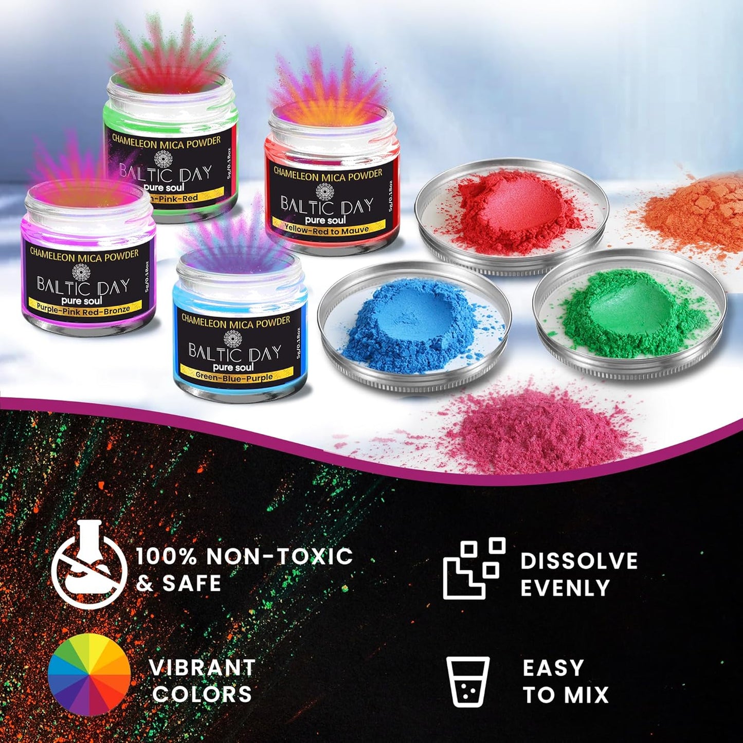 BALTIC DAY - Chameleon Mica Powder, 8 Jars of Color Shift Mica Powder Set - Epoxy Resin Color Pigment Powder - Chameleon Powder - Holographic Mica Powder - Nr2