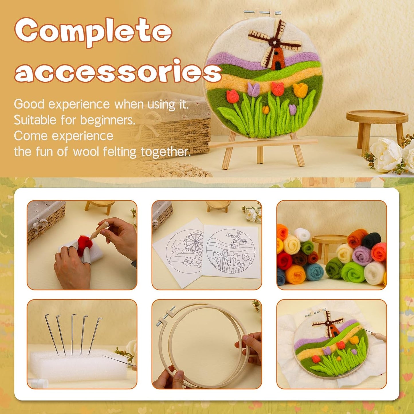 QMNNMA Needle Felting Kit for Beginners, Needle Felt Painting Kit with Picture Frame, Foam Pad, Felt Cloth, and Instructions, Flowers Wool Felting Kit Used for Home Decoration, Art Craft