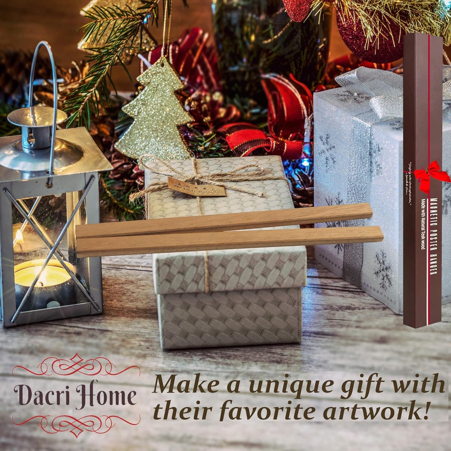 DACRI HOME 52" Magnetic Poster Hanger Frame - Sturdy Teak Wood Poster Frame 52x20 52x32 52x36, Strong Magnets for Easy Hanging Map Picture Canvas Print Scroll Wall Art (52 Inch, Natural Wood)