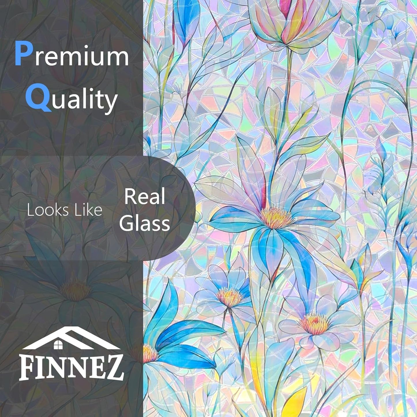 FINNEZ Window Privacy Film Stain Glass Film Flowers Rainbow Window Film Window Clings Non-Adhesive Reusable Decorative for Home（Blue Lotus，45.2 Inch x 13.1 Feet）