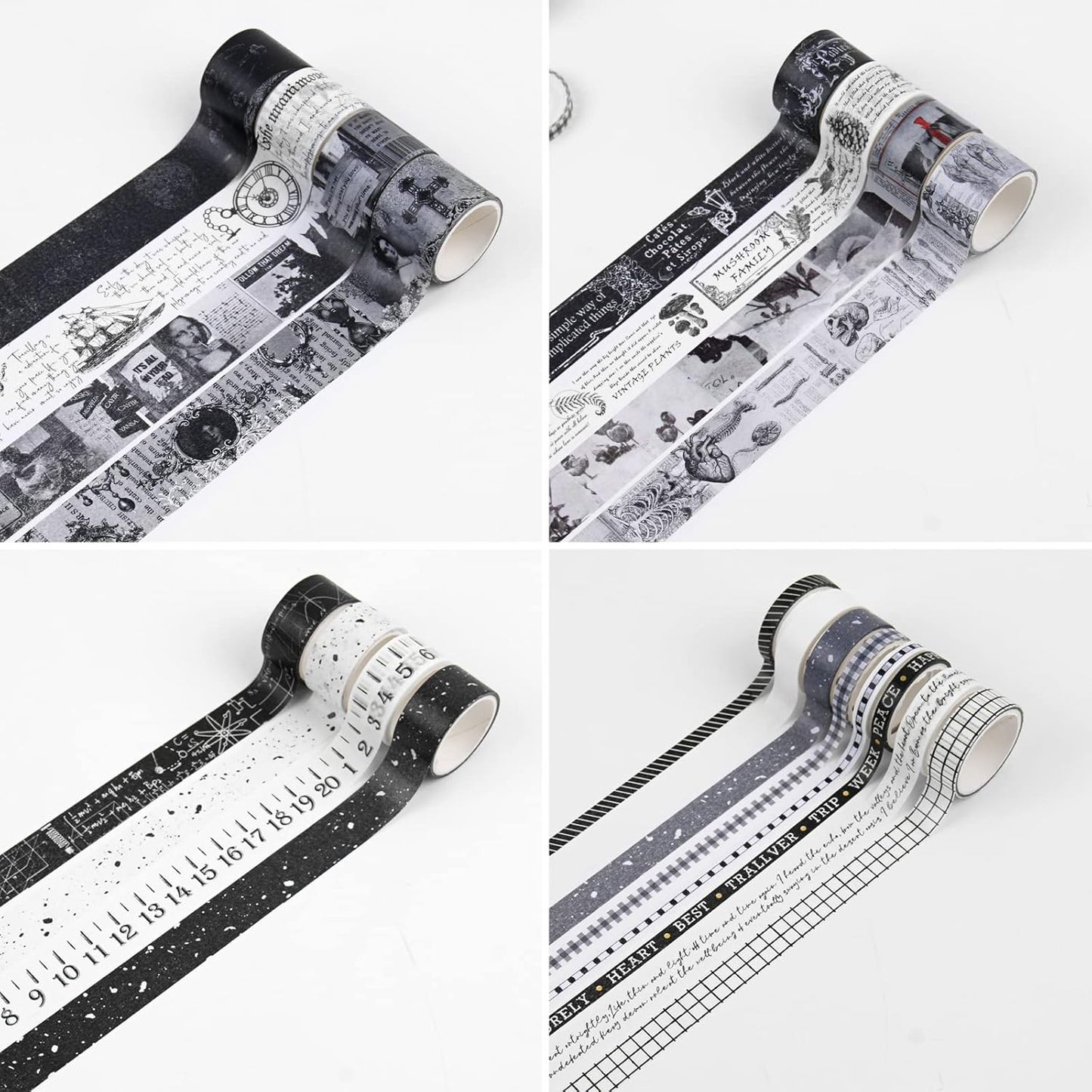 Dizdkizd Black and White Washi Tape Set, 20 Rolls Gothic Aesthetic Japanese Washi Tape Wide Scrapbooking Supplies Decorative Tape for Journaling, Planner, DIY Crafts