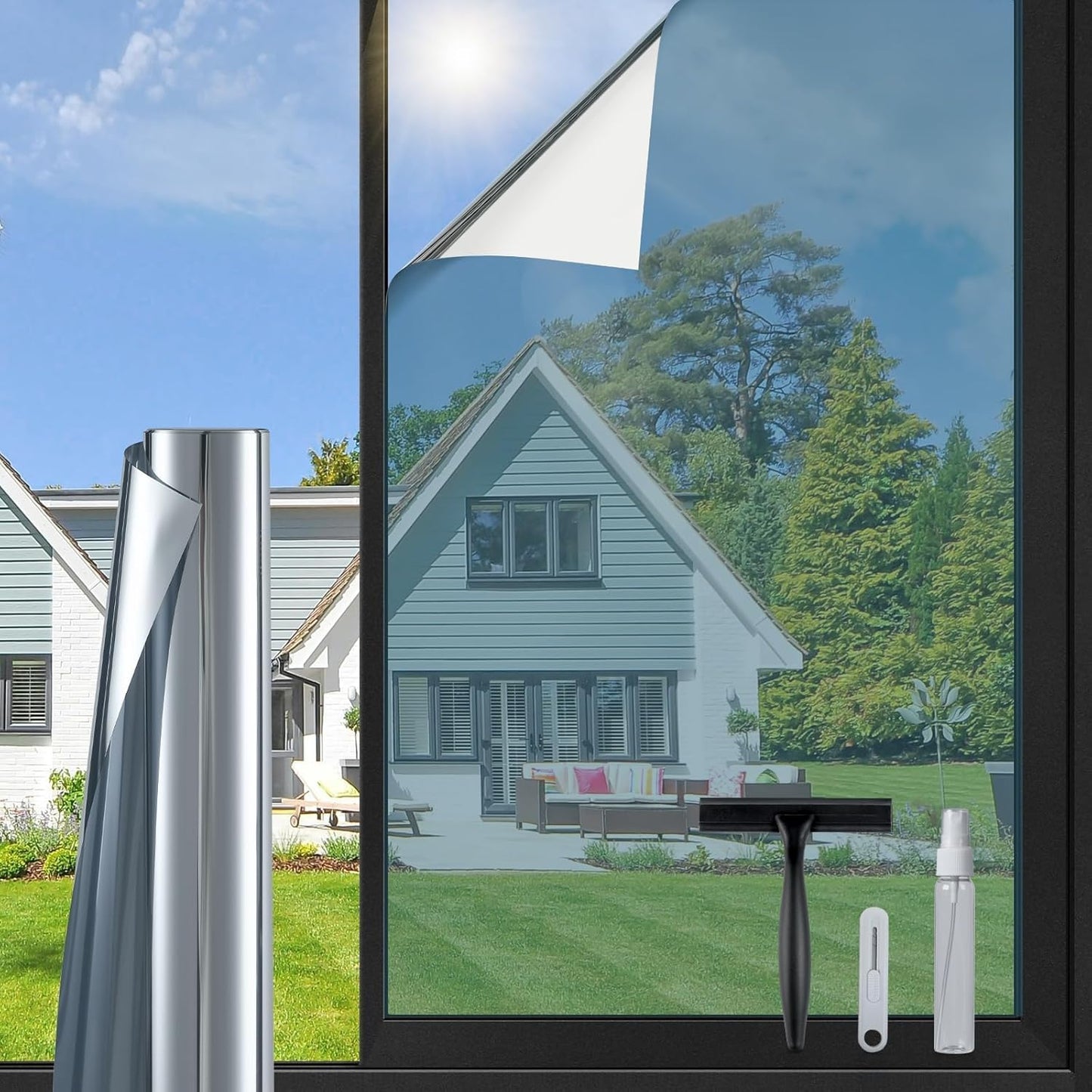 DOWELL One Way Window Privacy Film with 3 Tools Window Tint for Home Sun Blocking Heat Control Anti UV Reflective Mirror Covering See Out Not in for House and Office Silver 17.5" X 78.7"