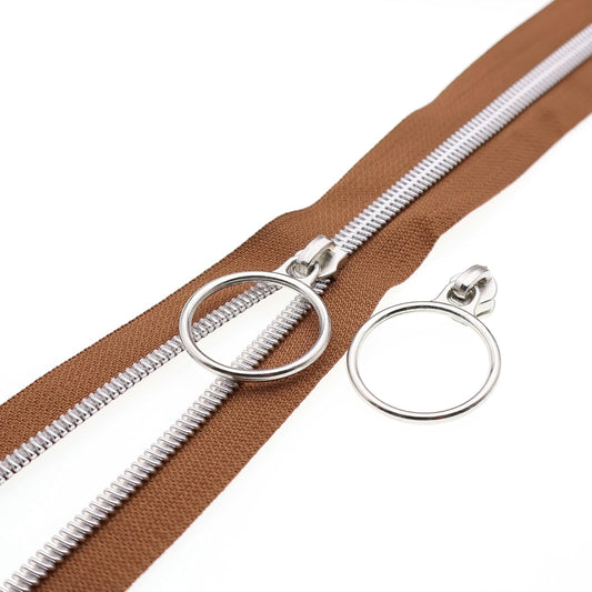 Leekayer #5 Silver Metallic Nylon Coil Zippers by The Yard Bulk 10 Yards Brown Zipper Tape with 25pcs Silver Ring Pull Sliders for DIY Sewing Tailor Craft Bag(Brown)