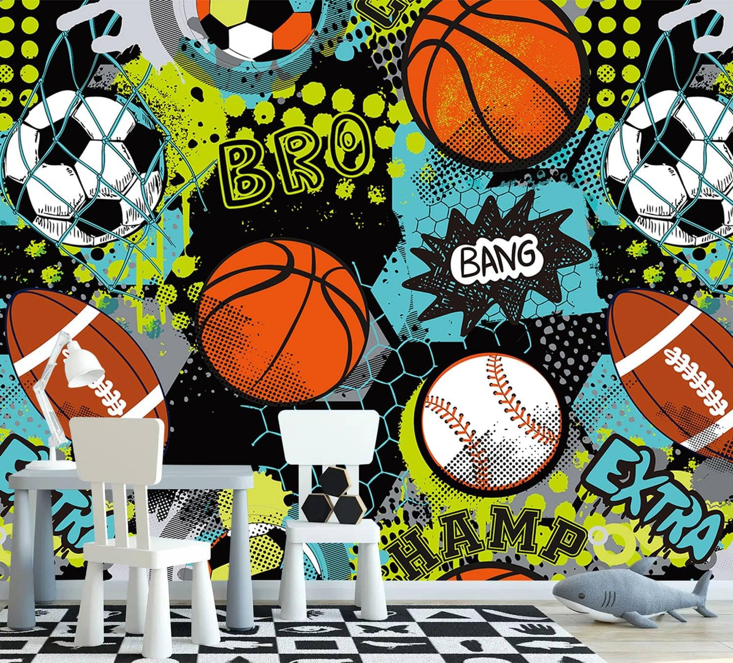 AFZEVEB-Colorful Graffiti Wallpaper Hand-Painted Ball Wall murals for Kids Room 114"x74"(Not Peel and Stick)