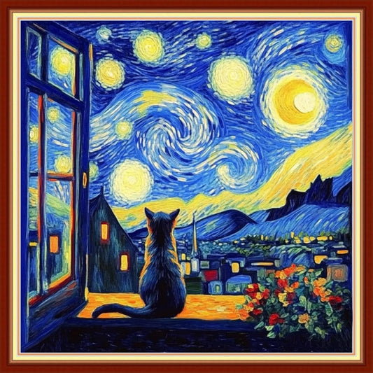 Joyhoor Cross Stitch Kits for Beginners Stamped Cross-Stitch Supplies Needlework preprint Embroidery Kits for Adults DIY Needlepoint Kits Embroidery Patterns 11CT-Cat Watch Van Gogh Stars 18x18 inch