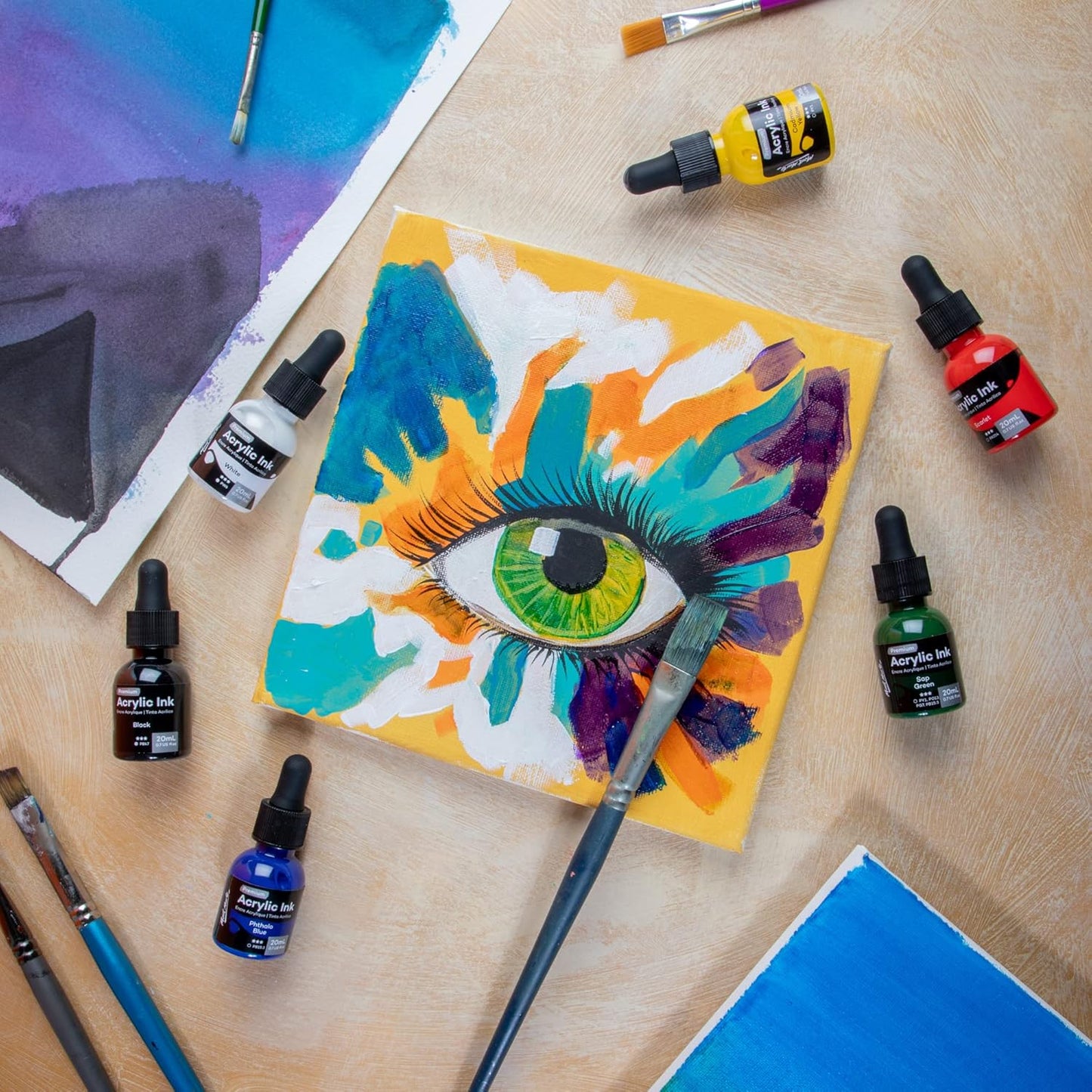 Mont Marte Acrylic Ink Premium 12pc x 20ml (0.7 US fl.oz), Acrylic Inks for Artists, Essential Colors, Ideal for Air Brush, Pouring Art, Scrapbooking, Ink Drawing, Mixed Media