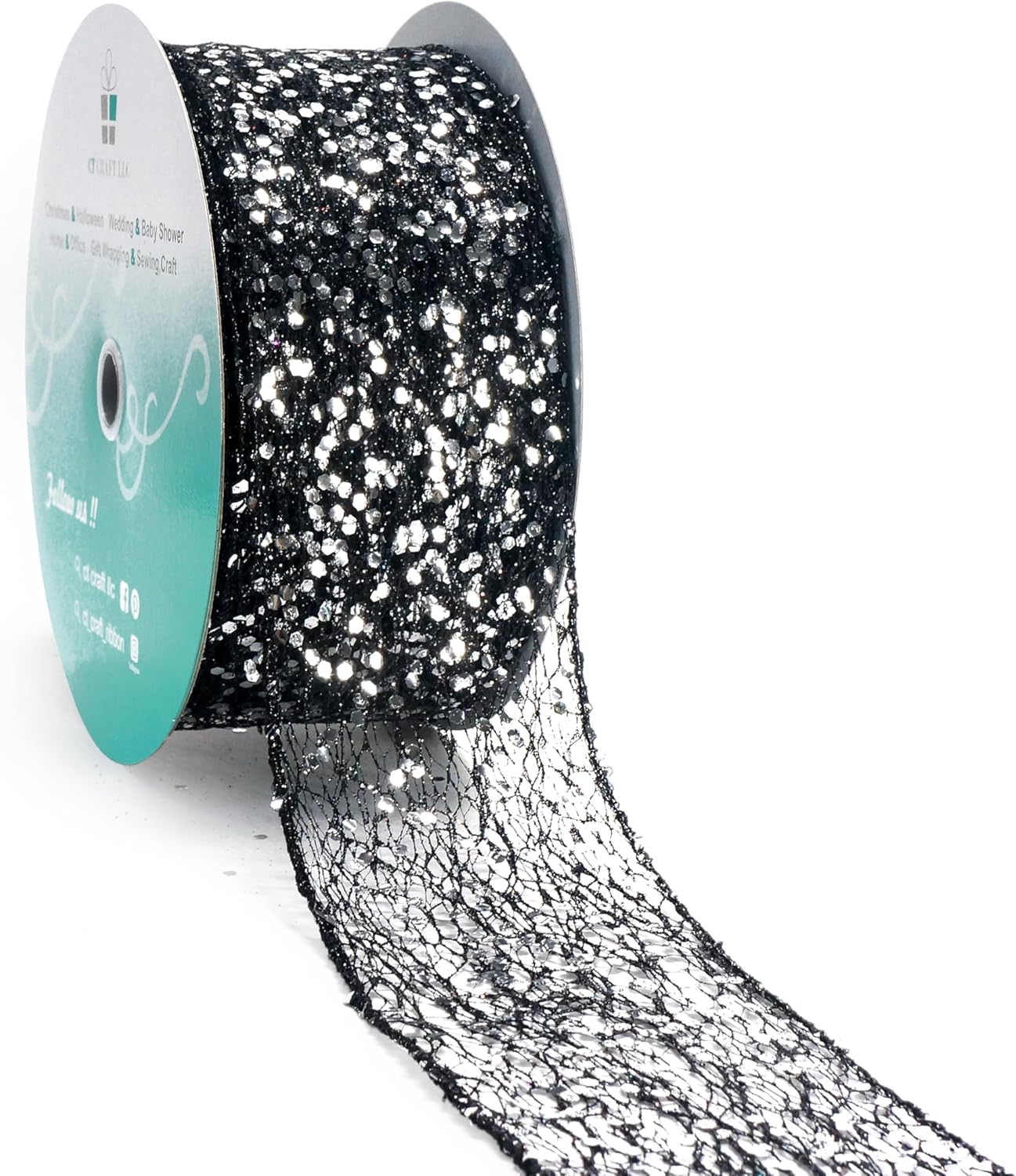 CT CRAFT LLC Sparkling Glitter Mesh Wired Ribbon 2.5" x 20 Yards Black for Christmas Home Decor Bow Gift Wrapping DIY Crafts Wreath
