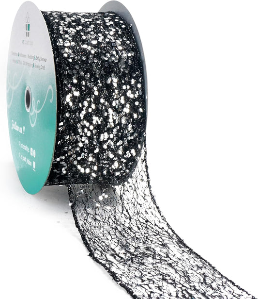 CT CRAFT LLC Sparkling Glitter Mesh Wired Ribbon 2.5" x 20 Yards Black for Christmas Home Decor Bow Gift Wrapping DIY Crafts Wreath