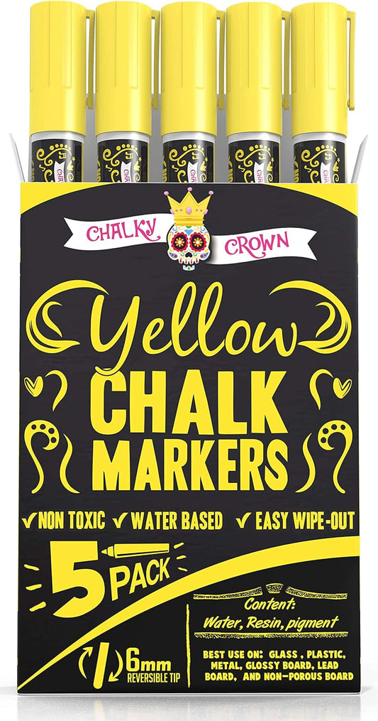 CHALKY CROWN Liquid Chalk Marker Pen - Dry Erase Marker - Chalk Markers for Chalkboard Signs, Windows, Blackboard, Glass - 6mm Reversible Tip (Yellow, 5 Pack)
