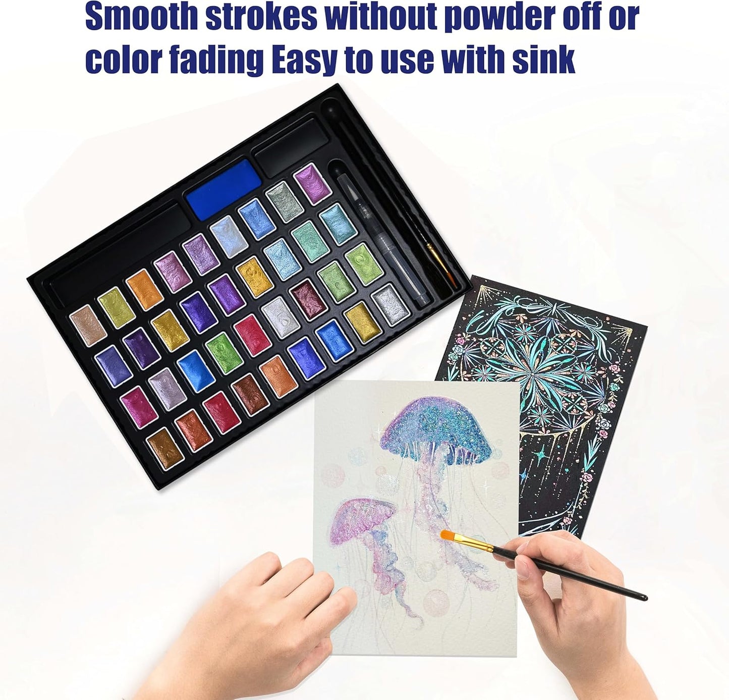 Shimmer Watercolor Paint Set, 12 Colors Glitter Metallic Watercolour Painting Sets, Solid Pearl Water Color Paints for Artists, Amateur Hobbyists and Painting (36 Colors)