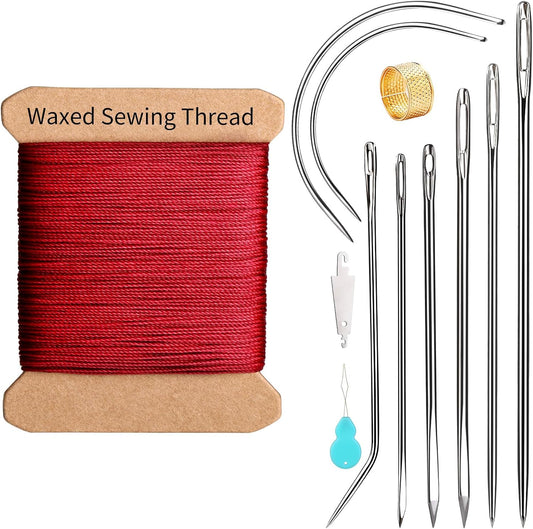 Repair Sewing Kit, Upholstery Needle with 32 Yard Waxed Thread and 8 Pcs Heavy Duty Leather Needles for Hand Stitching, Canvas & Quilting - 0.55mm Round Waxed Thread Dark Red