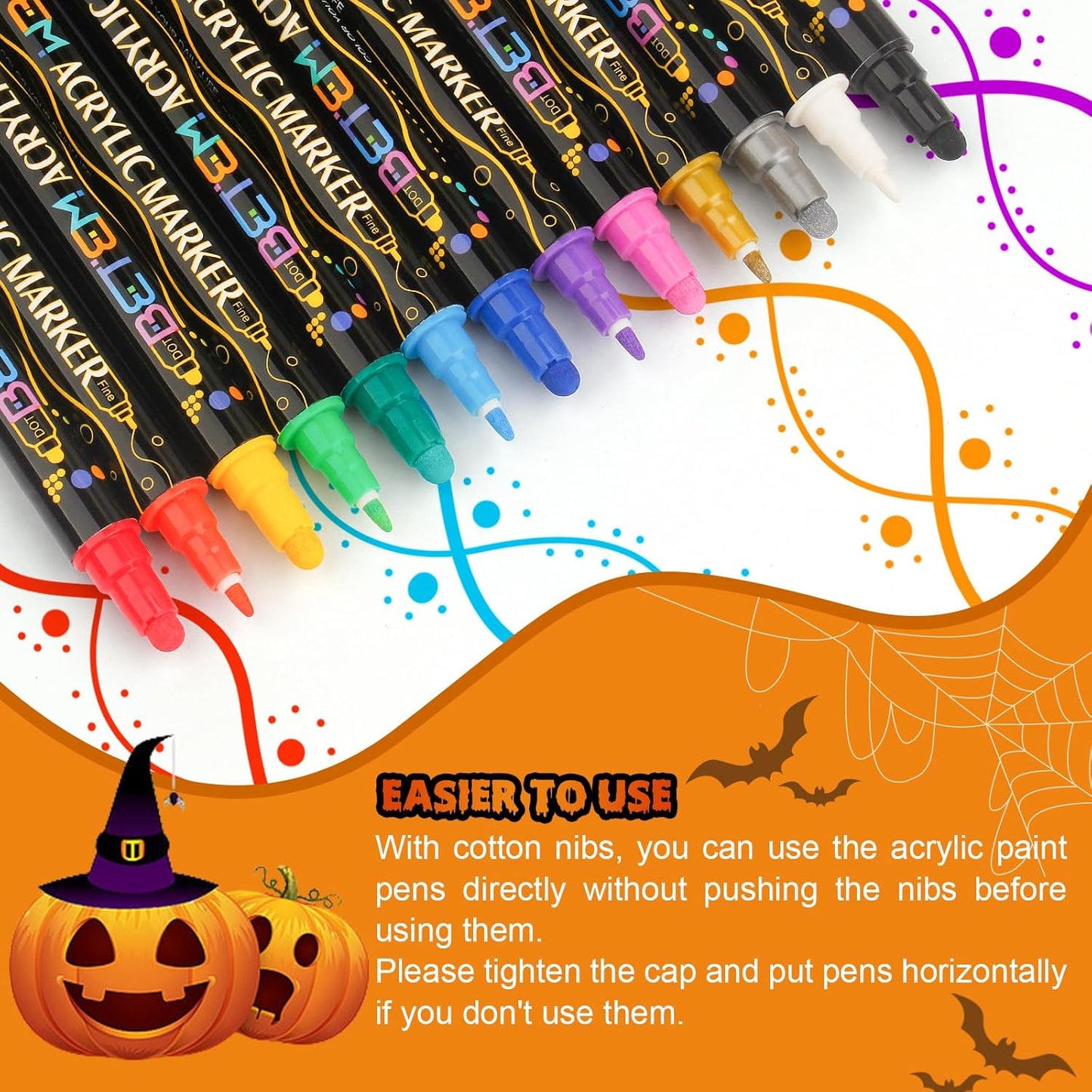 Betem 48 Colors Dual Tip Acrylic Paint Pens Markers, Premium Acrylic Paint Pens for Halloween Decorations, Wood, Canvas, Stone, Rock Painting, Glass, Ceramic Surfaces, Pumpkin Painting Kit DIY Crafts