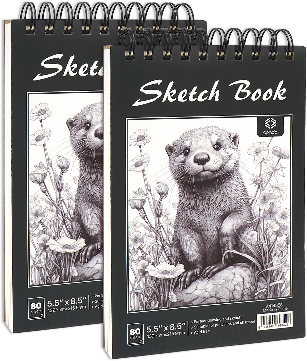 CONDA 5.5 x 8.5 Sketchbook Book - Top Spiral Bound Pad, 2 Packs of 100-Sheets (68lb/100gsm) Acid Free Artistic Paper for Drawing, Painting, Writing - Ideal for Beginners Artists