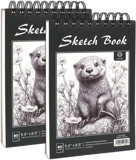 CONDA 5.5 x 8.5 Sketchbook Book - Top Spiral Bound Pad, 2 Packs of 100-Sheets (68lb/100gsm) Acid Free Artistic Paper for Drawing, Painting, Writing - Ideal for Beginners Artists
