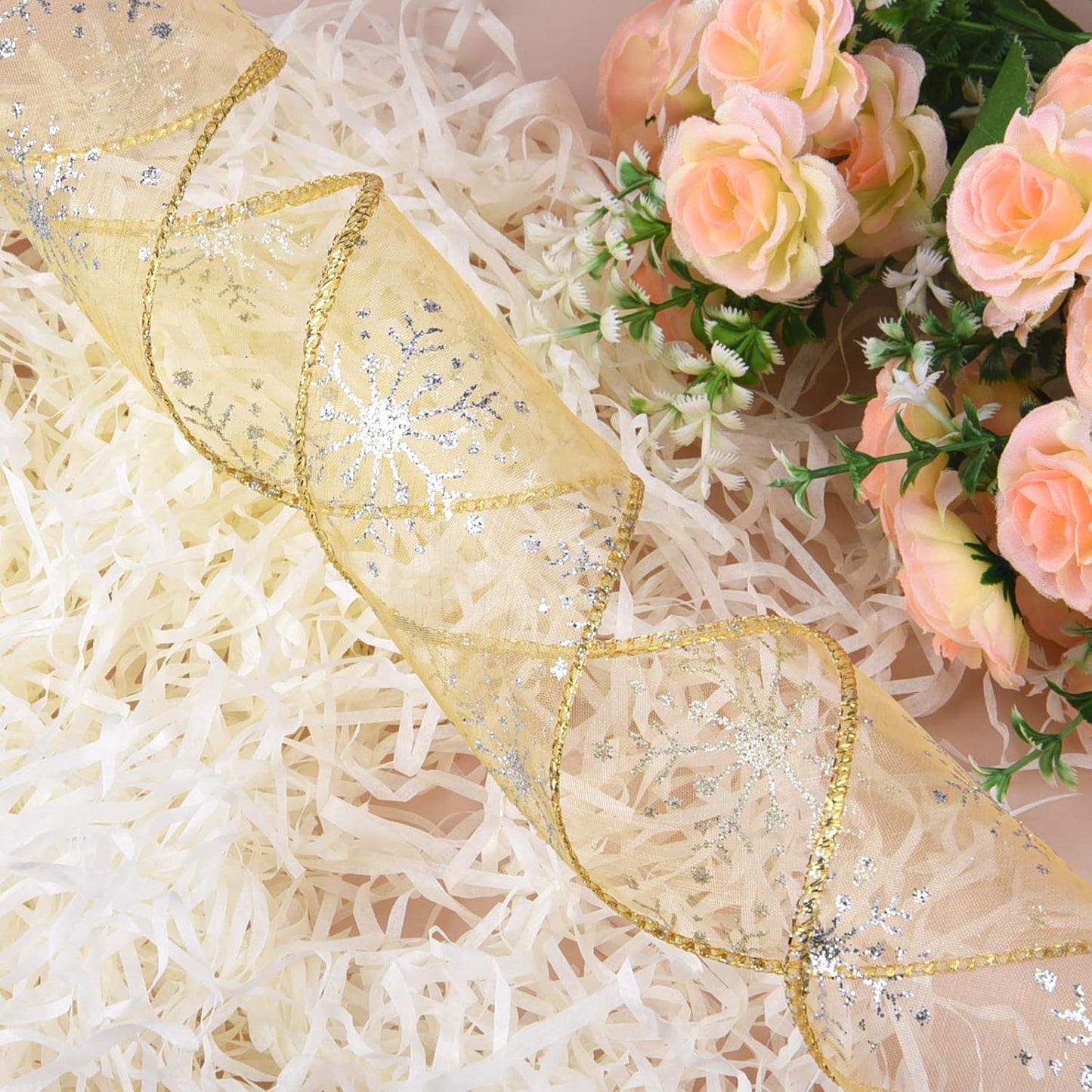 2.5 Inch Wide Christmas Wired Ribbon Snowflake Organza Sheer Glitter Ribbon for Xmas Tree, Wreath, Party Decoration, Gift Wrapping (Golden, 10.9 Yards)