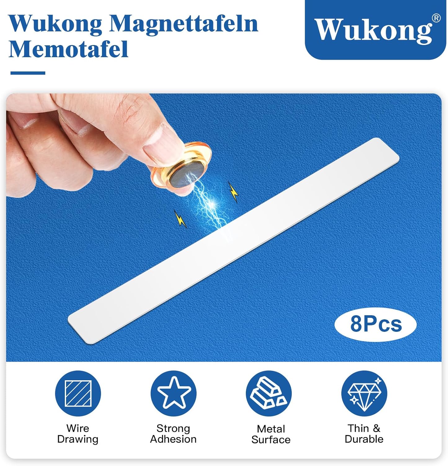 Wukong 8 Pack | 30x3cm(11.81 x 1.18) Magnetic Stainless White Boards Strips, Adhesive Backing Bulletin Bar Board, Memo Board with 32Pcs Colorful Magnets for Office, Home, Photo Wall, Documents