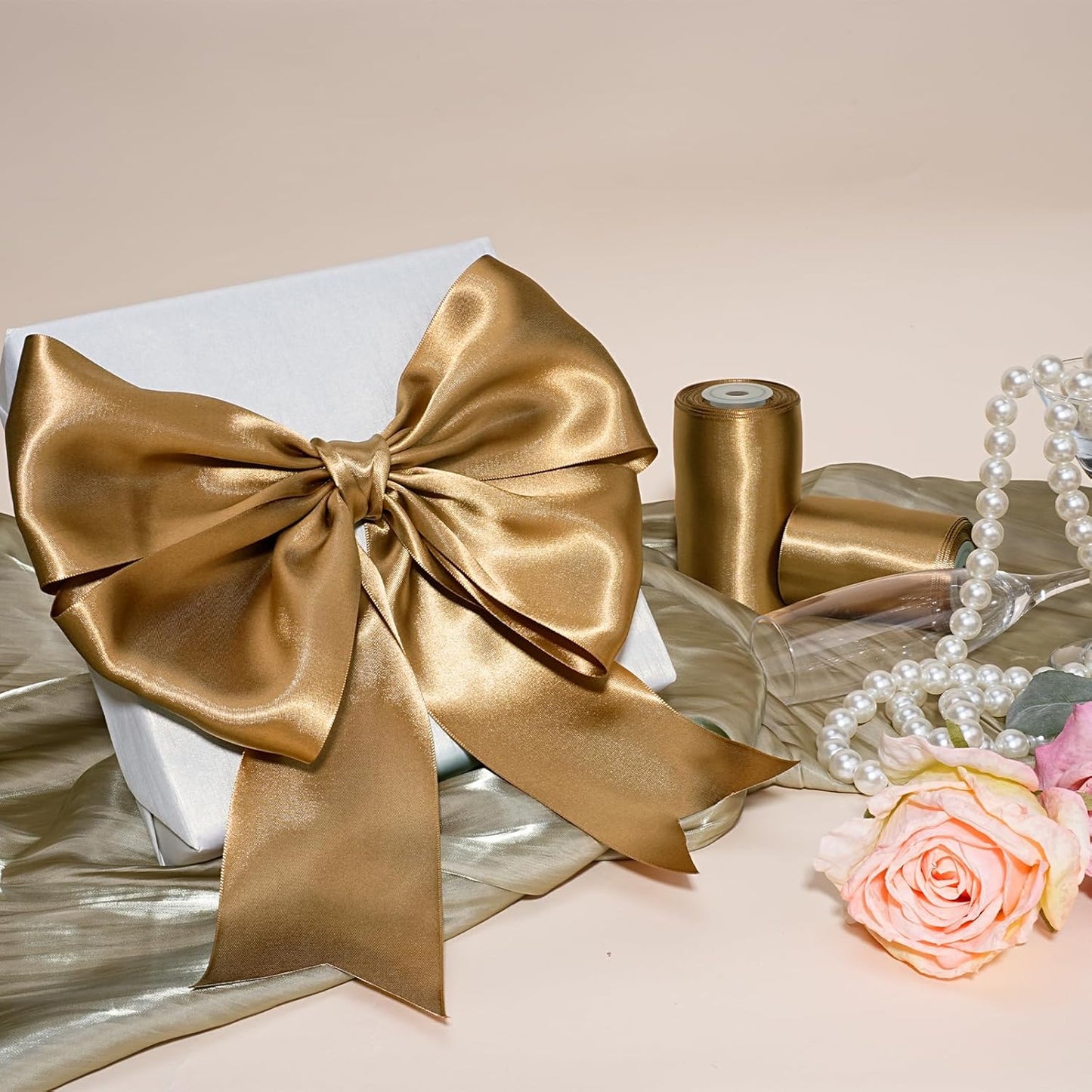 LaRibbons Pale Gold Satin Ribbon 4 Inch 10 Yards Double Faced Luxury Pale Gold Silk Ribbon for Gift Wrapping Flower Bouquets Bow Christmas Wedding Party Decoration