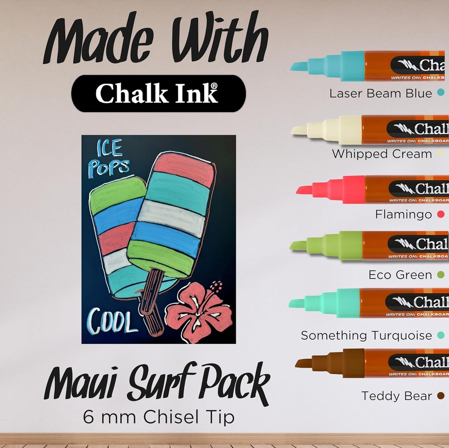 Chalk Ink Chisel Tip Wet Wipe Chalk Markers (Maui Surf, 6mm, 6 Pack)