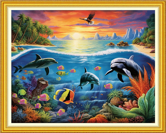 Funchey Stamped Cross Stitch Kits, DIY Cross Stitch Pattern for Adults Beginners Needlepoint Kits Embroidery Kit Arts and Crafts 11CT-Underwater World 16x20 inch
